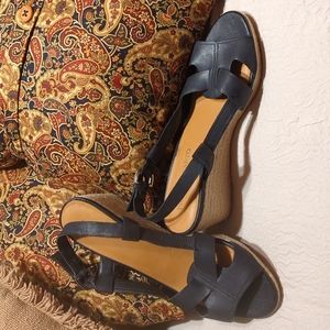 Franco Sarto, Size 9 1/2, black leather 3 inch wedge heel sandals